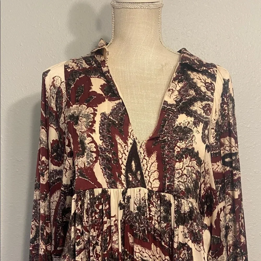 Free People Ivory & Burgundy say You Love Me Love Sleeve Paisley Dress Size Med